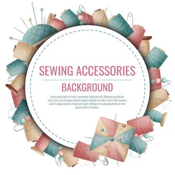 Round frame with spools of thread and a pincushion. Background with sewing ac Stock Illustration