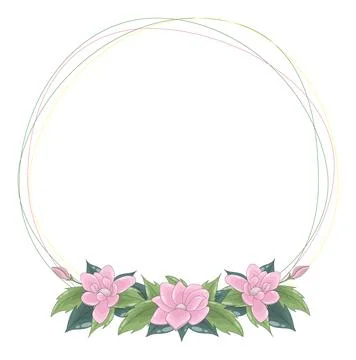 Round frame of spring delicate pink flowers richly decorated with green leaves Stock Illustration
