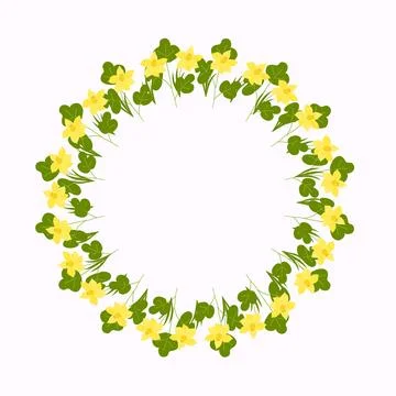 Round frame of spring flowers and twigs. Stock Illustration