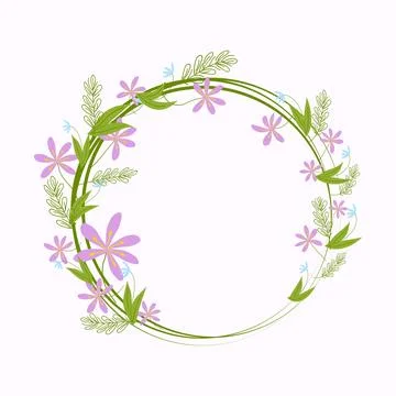 Round frame of spring flowers and twigs. Illustrazione stock