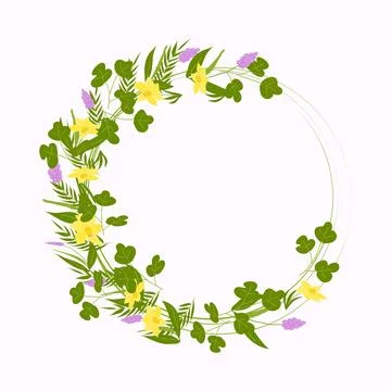 Round frame of spring flowers and twigs. Stock Illustration
