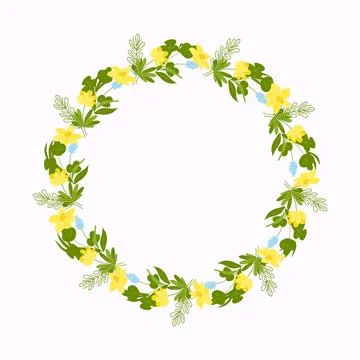 Round frame of spring flowers and twigs. Stock Illustration