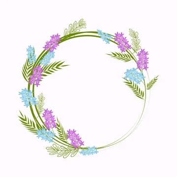 Round frame of spring flowers and twigs. Stock Illustration