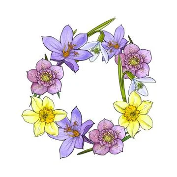 Round frame of spring flowers, decoration element, sketch vector illustration Stock Illustration