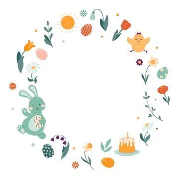 Round frame with spring flowers, Easter bunny, chicken, colorful eggs. Stock Illustration