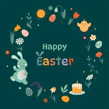 Round frame with spring flowers, Easter bunny, chicken, colorful eggs. Stock-Illustration