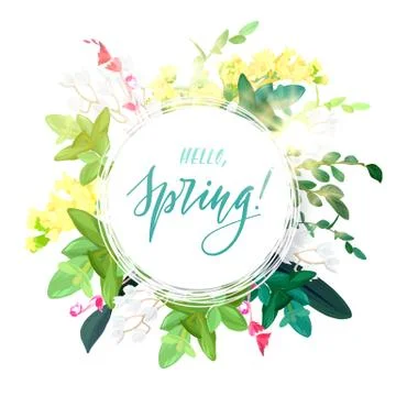 A round frame of spring flowers, leaves and green plant branches, eucalyptus and Stock Illustration