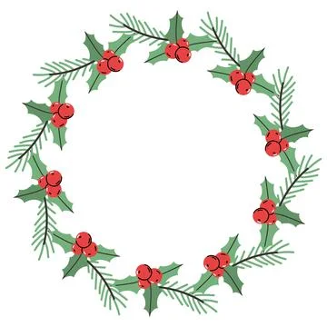Round frame with spruce branches and holly. Wreath with evergreens and red .. Stock Illustration