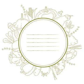 Round frame sticker made of linear hand drawn vegetables and root crops. Mushroo イラスト素材