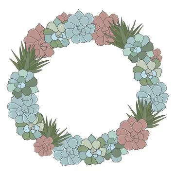 Round frame of succulent cactus, hand drawn plant border isolated on white Stock Illustration