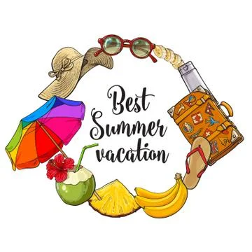 Round frame of summer time vacation attributes, beach holiday banner Stock Illustration