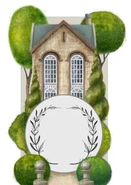 Round frame surrounded by architecture and nature. Park with an old house Stock Illustration