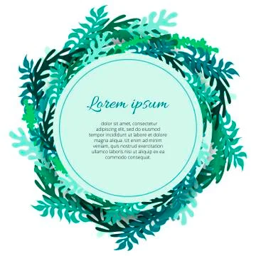 Round frame is surrounded by different leaves and plants. Vector illustration Stock Illustration