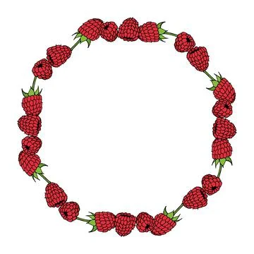 Round frame with sweet raspberry on white background. Vector image. Illustrazione stock