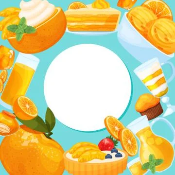 Round frame of tasty desserts, vector illustration. Sweets cakes, donuts, candy Stock Illustration