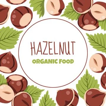 Round Frame Template with Hazelnuts and Green Leaves in Flat Style. Ideal for Stock Illustration