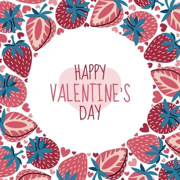 Round frame template with strawberry and hearts in flat style. Valentine's da Stock Illustration