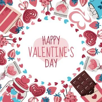 Round frame template with sweets, cake, chocolate, strawberry, candy and he.. Stock Illustration