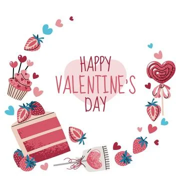 Round frame template with sweets, cake, chocolate, strawberry, candy and he.. Ilustração Stock