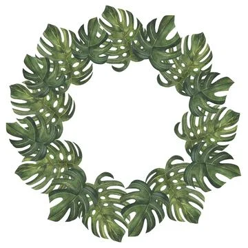 Round frame template with tropical monstera palm leaves. Tropic leaf wreath Illustrazione stock