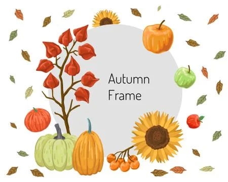 Round frame for the text of the autumn offer. Harvest and leaves around. Vector Stock Illustration
