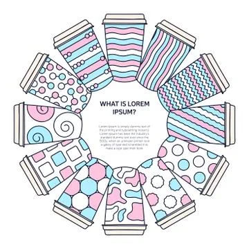 The round frame with a text box area is made of paper textured cups for coffe Stock Illustration