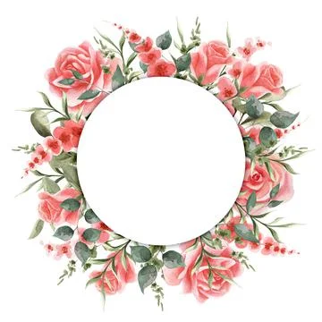 Round frame for text, inscriptions. Spring background with watercolor roses a Stock Illustration