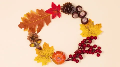 Round frame for text made of moving autumnal leaves and fruits. Stop motion Stock-Footage 157282172