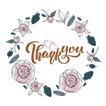 Round frame with Thank You text. Peony flower Romantic illustrations on white Stock Illustration