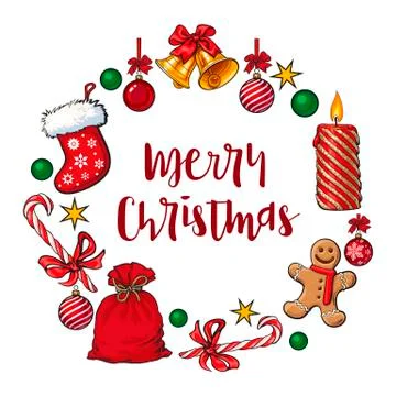 Round frame of traditional Christmas decorations, objects, ornaments イラスト素材
