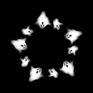A round frame with translucent, howling ghosts. Black background. Stock Illustration