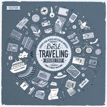 Round frame Travel cartoon objects, symbols and items 스톡 일러스트