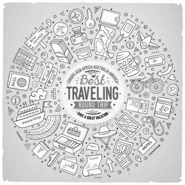 Round frame Travel cartoon objects, symbols and items Illustrazione stock