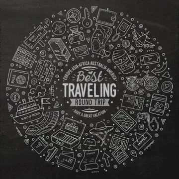Round frame Travel cartoon objects, symbols and items 스톡 일러스트