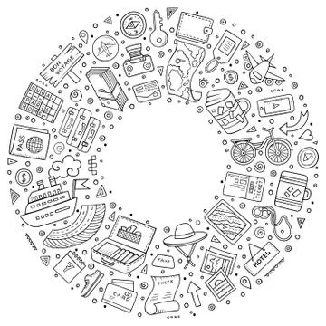 Round frame Travel cartoon objects, symbols and items Stock Illustration