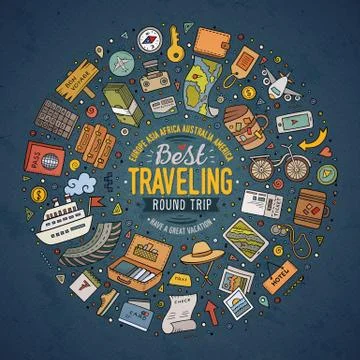 Round frame Travel cartoon objects, symbols and items Illustrazione stock