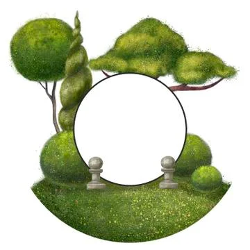 Round frame with trees around. The park is isolated on a white background Stock Illustration