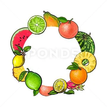 Round frame of tropical fruits with empty place for text Stock Illustration