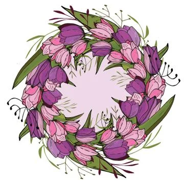 Round frame with tulips and herbs on white. Floral pattern for your wedding Illustrazione stock