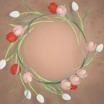 Round frame of tulips on beige background Ilustração Stock