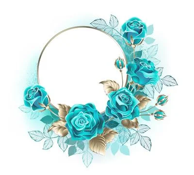 Round frame with turquoise roses Stock Illustration