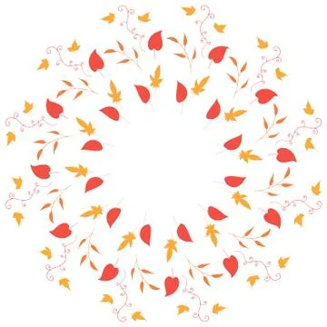 Round frame with vertical red, orange, yellow leaves and decorative elements Stock Illustration