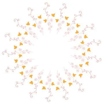 Round frame with vertical yellow leaves and red decorative elements on white Stock Illustration