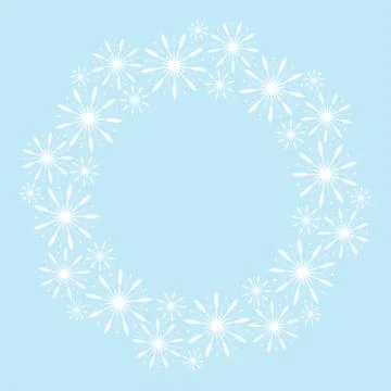Round frame of white snowflakes on soft blue background Stock Illustration