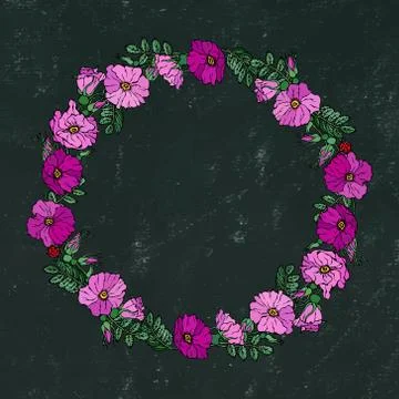 Round Frame with Wild Roses. Summer Flowers Greeting Card or Wedding Backgrou Stock Illustration