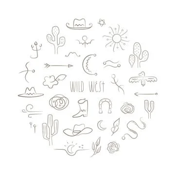 Round frame with wild west vector illustrations, icons, text. Simple western Illustrazione stock