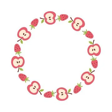 Round frame wreath with apple slice and strawberry doodle 스톡 일러스트