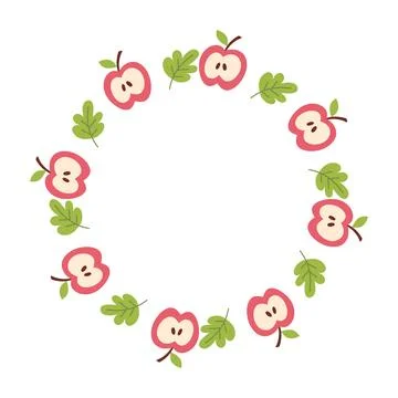 Round frame wreath with apple slice and green leaf doodle Stock-Illustration