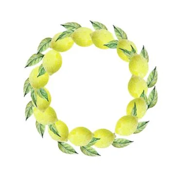 Round Frame wreath of lemons with leaflets Watercolor design for invitations Stock Illustration