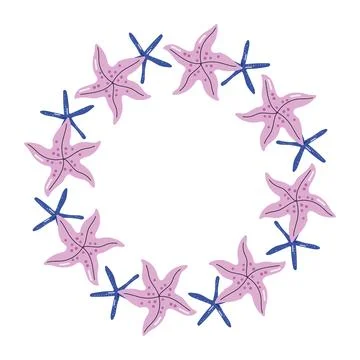 Round frame wreath made of cute pink and dark blue starfish on white backgrou Stock Illustration